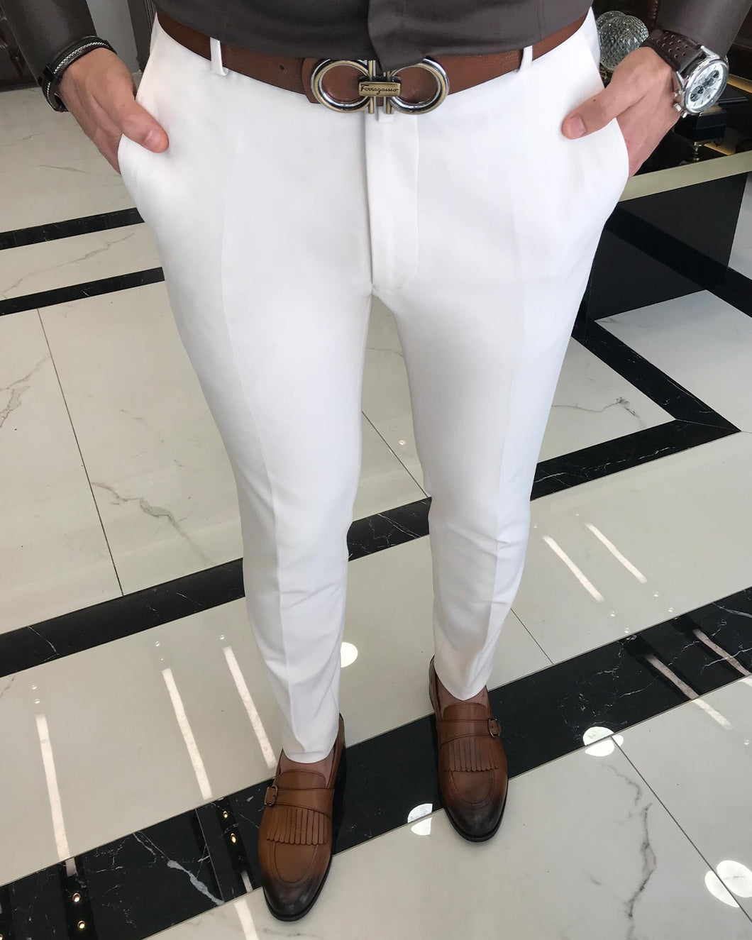 Aulus Ivory Slim Fit Solid Pants