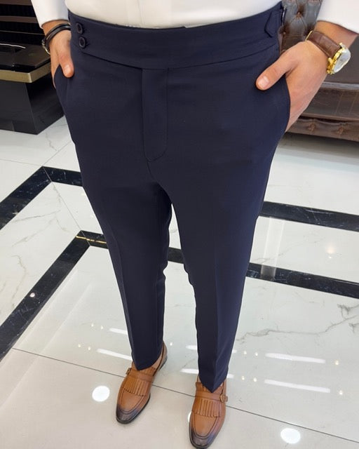 SleekEase Dark Blue Slim-Fit Solid Pants