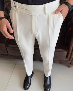 SleekEase Double Buckled Corset Belt Pleated White Pants