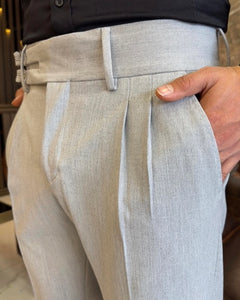 SleekCraft Double Buckled Corset Belt Pleated Gray Pants