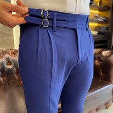 Cargar imagen en el visor de la galería, SleekEase Double Buckled Corset Belt Pleated Blue Pants
