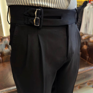 SleekCraft Double Buckled Corset Belt Pleated Black Pants