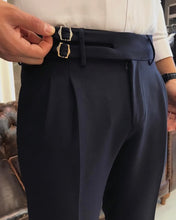 Laden Sie das Bild in den Galerie-Viewer, Sophisticasual Double Buckled Corset Belt Pleated Dark Blue Pants
