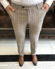 Charger l&#39;image dans la galerie, Sophisticasual Beige Slim-Fit Stripe Pants
