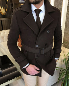 Madison Double-Breasted Belted Slim Fit Brown Coat