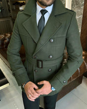 Charger l&#39;image dans la galerie, Madison Double-Breasted Belted Slim Fit Dark Green Coat
