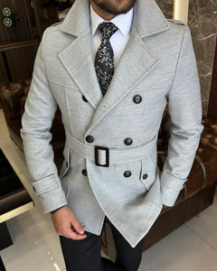 Madison Double-Breasted Belted Slim Fit Gray Coat