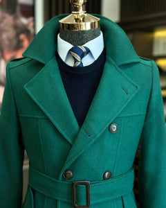 Madison Double-Breasted Belted Slim Fit Green Coat