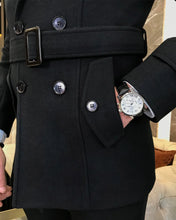 Laden Sie das Bild in den Galerie-Viewer, Madison Double-Breasted Belted Slim Fit Black Coat
