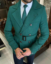 Cargar imagen en el visor de la galería, Madison Double-Breasted Belted Slim Fit Green Coat
