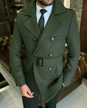 Cargar imagen en el visor de la galería, Madison Double-Breasted Belted Slim Fit Dark Green Coat
