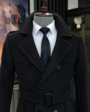 Cargar imagen en el visor de la galería, Madison Double-Breasted Belted Slim Fit Black Coat
