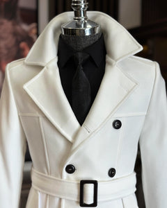 Madison Double-Breasted Belted Slim Fit White Coat