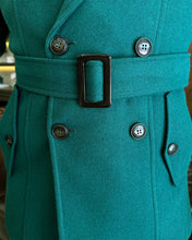 Cargar imagen en el visor de la galería, Madison Double-Breasted Belted Slim Fit Green Coat
