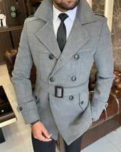 Charger l&#39;image dans la galerie, Madison Double-Breasted Belted Slim Fit Gray Coat

