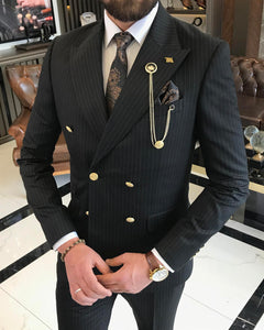 Clark Slim-Fit Stripe Double Breasted Black Suit