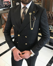 Cargar imagen en el visor de la galería, Clark Slim-Fit Stripe Double Breasted Black Suit

