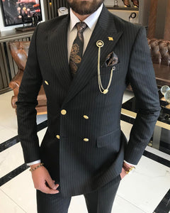 Clark Slim-Fit Stripe Double Breasted Black Suit