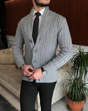 Load image into Gallery viewer, Aran-Knit Merino Wool-Blend Slim Fit Gray Cardigan

