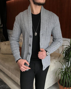 Aran-Knit Merino Wool-Blend Slim Fit Gray Cardigan