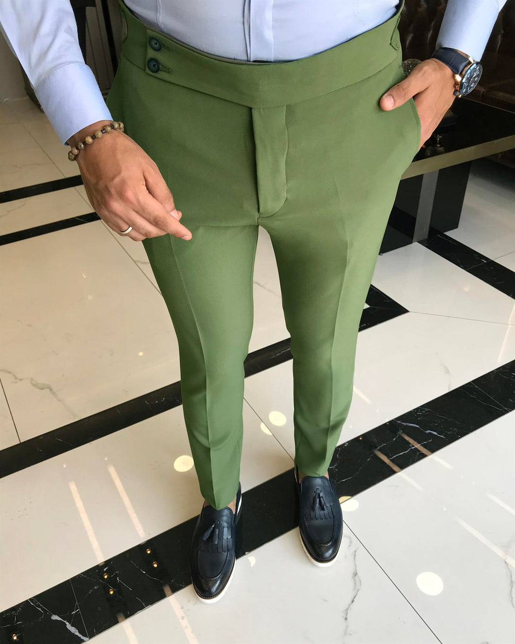 Luke Bernardi Green Slim Fit Solid Pants