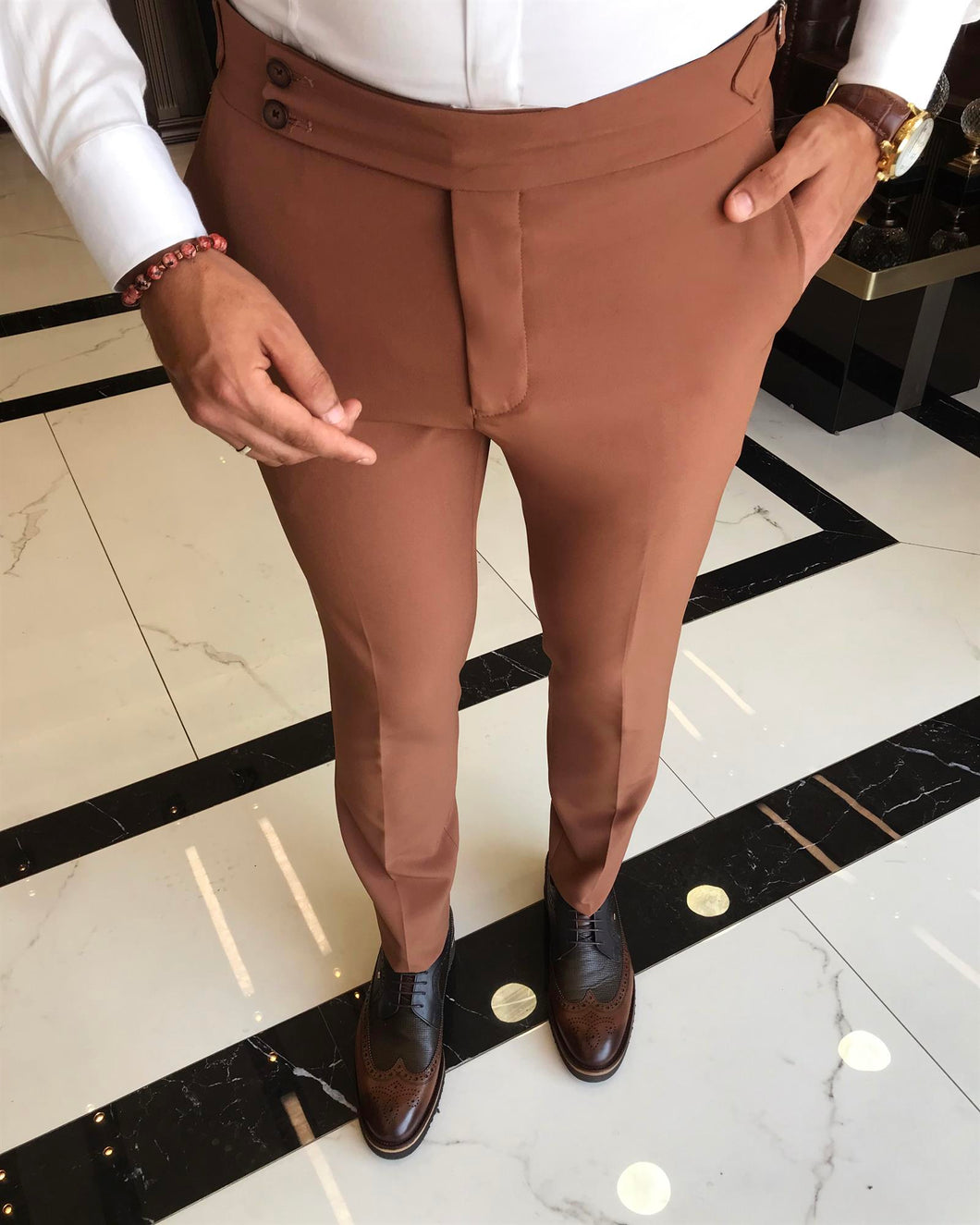 Luke Bernardi Brown Slim Fit Solid Pants