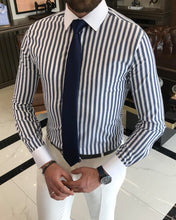 Load image into Gallery viewer, Thomas Blouin Trim Fit Striped Dress Navy Blue Shirt

