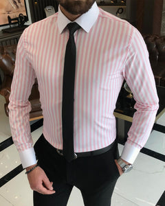 Thomas Bodin Trim Fit Striped Dress Pink Shirt