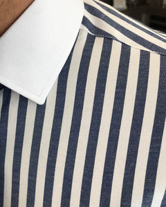 Thomas Blouin Trim Fit Striped Dress Navy Blue Shirt