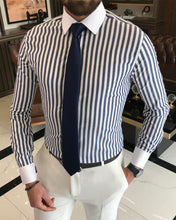 Load image into Gallery viewer, Thomas Blouin Trim Fit Striped Dress Navy Blue Shirt
