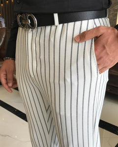 Charles Bellini White Slim Fit Striped Pants