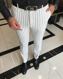 Charles Bellini White Slim Fit Striped Pants
