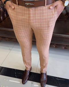 SleekEase Orange Slim-Fit Plaid Pants