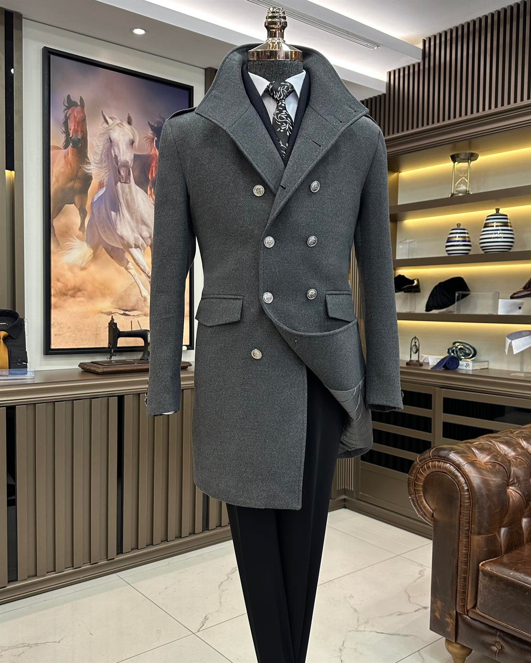 Alaska Double-Breasted Slim Fit Gray Overcoat