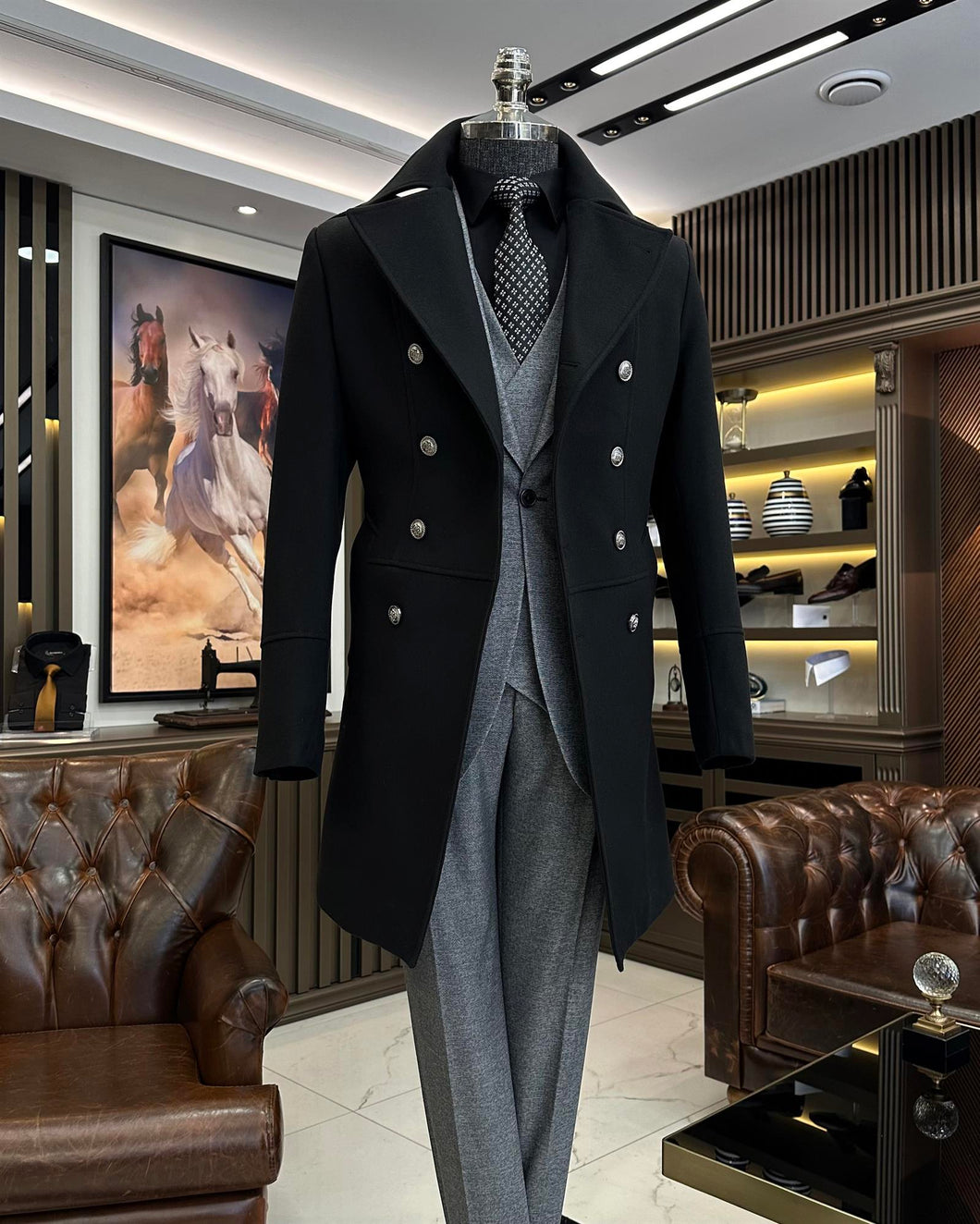 Alaska Double-Breasted Slim Fit Black Coat