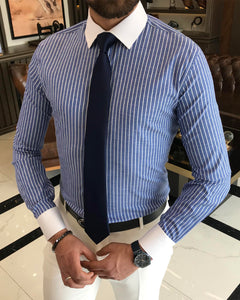 Thomas De Villiers Trim Fit Striped Dress Blue Shirt