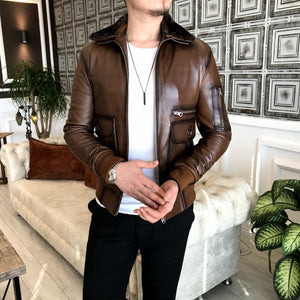 Chelsea Lambskin Leather Slim Fit Taba Jacket