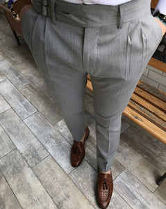 Linus Double Buckled Corset Belt Pleated Gray Pants