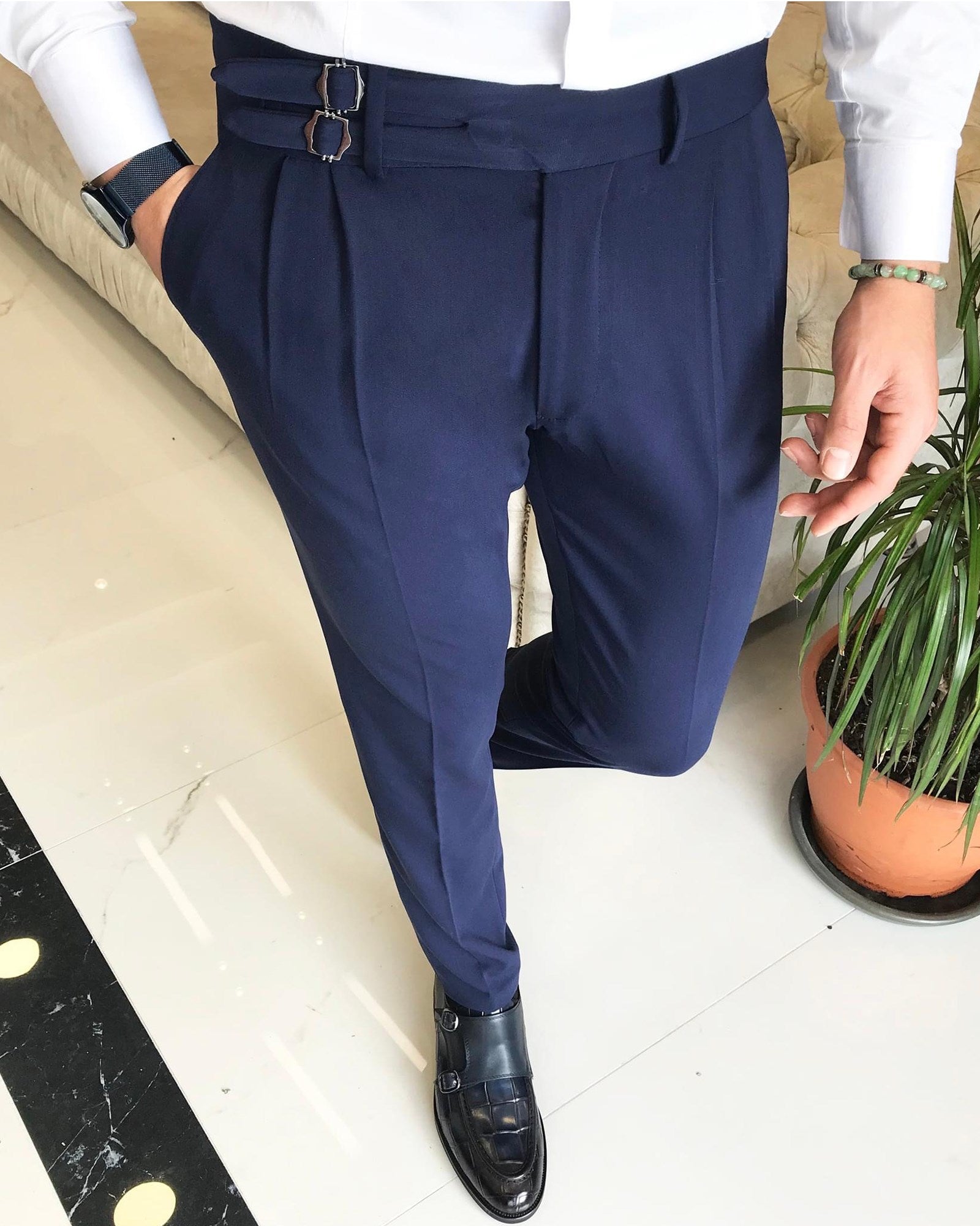 Double Buckled Corset Belt Pleated Dark Blue Pants – gentsuitspage
