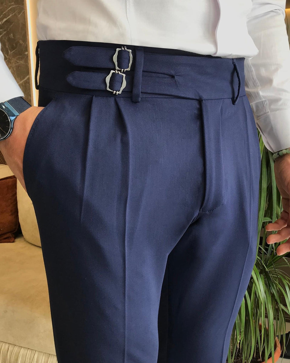 Double Buckled Corset Belt Pleated Dark Blue Pants – gentsuitspage