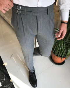 Devon Double Buckled Corset Belt Pleated Gray Pants