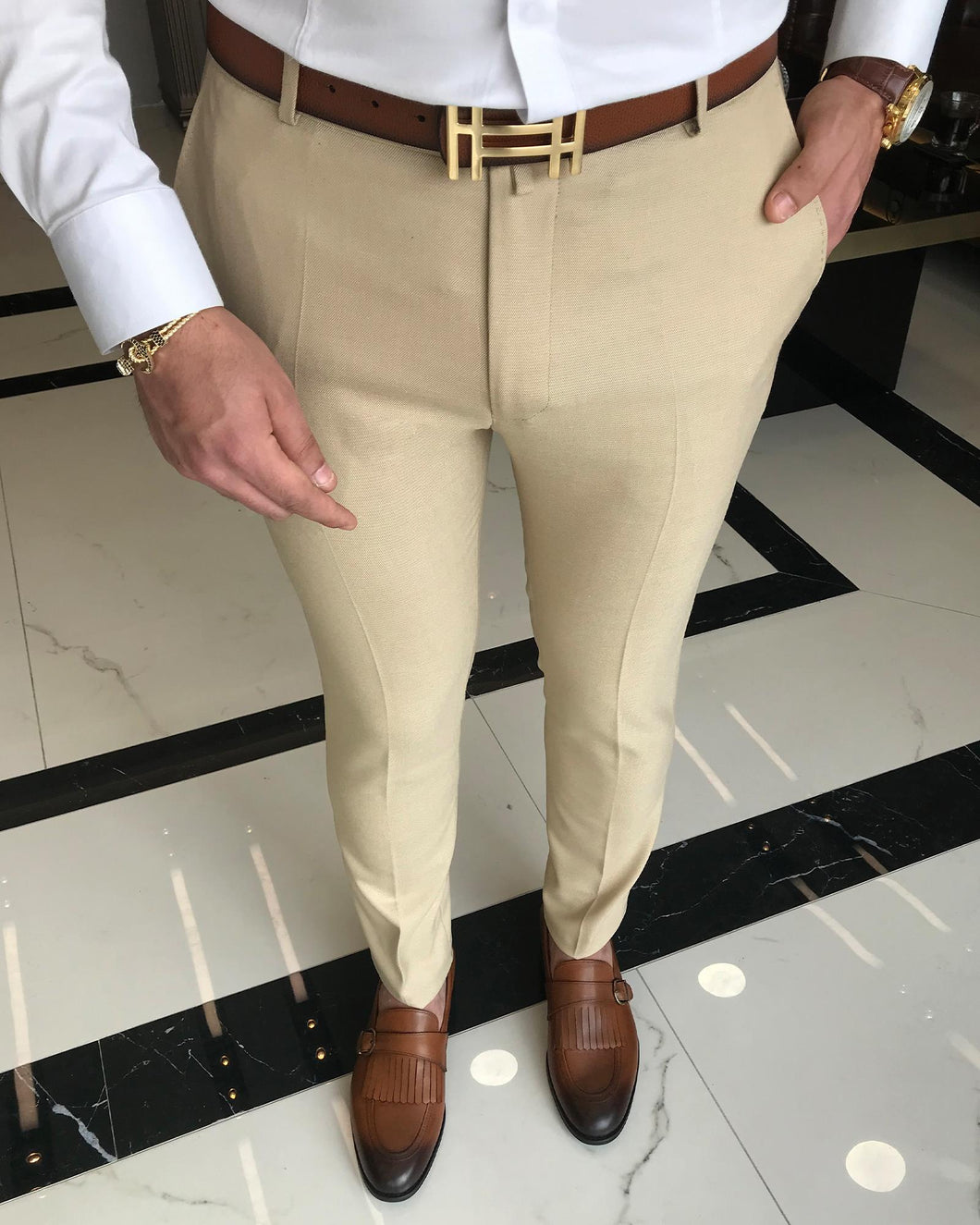 Dominic Camel Slim Fit Solid Pants