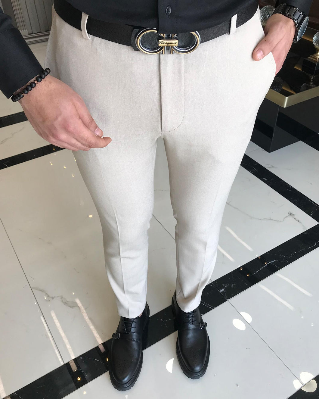 Dominic Beige Slim-Fit Solid Pants