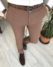 Load image into Gallery viewer, Camel Plaid Slim-Fit Pants
