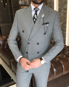 Theron Slim-Fit Double Breasted Striped Gray Suit