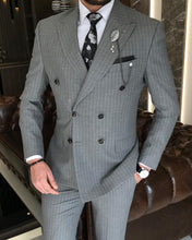 Cargar imagen en el visor de la galería, Theron Slim-Fit Double Breasted Striped Gray Suit
