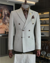 Laden Sie das Bild in den Galerie-Viewer, Vincent Slim-Fit Striped Double Breasted Beige Suit
