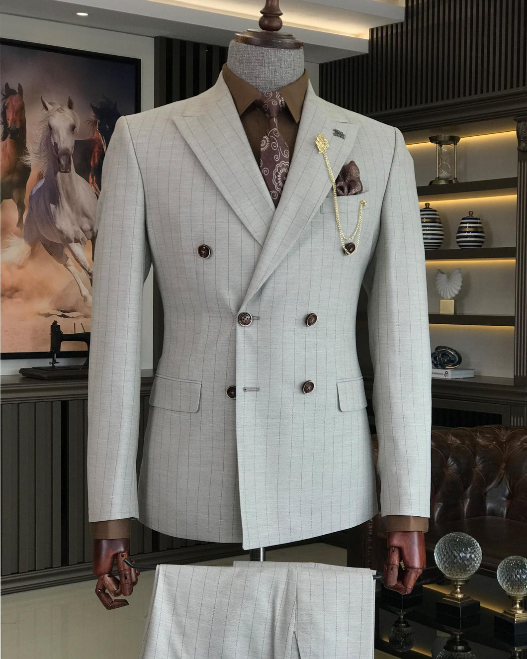 Vincent Slim-Fit Striped Double Breasted Beige Suit