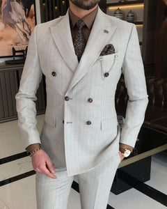 Vincent Slim-Fit Striped Double Breasted Beige Suit