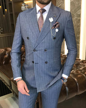 Cargar imagen en el visor de la galería, Theron Slim-Fit Double Breasted Striped Blue Suit
